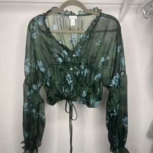 West of Melrose Sheer Floral Crop Blouse XS Green Boho Peasant Tie Waist Ruffle